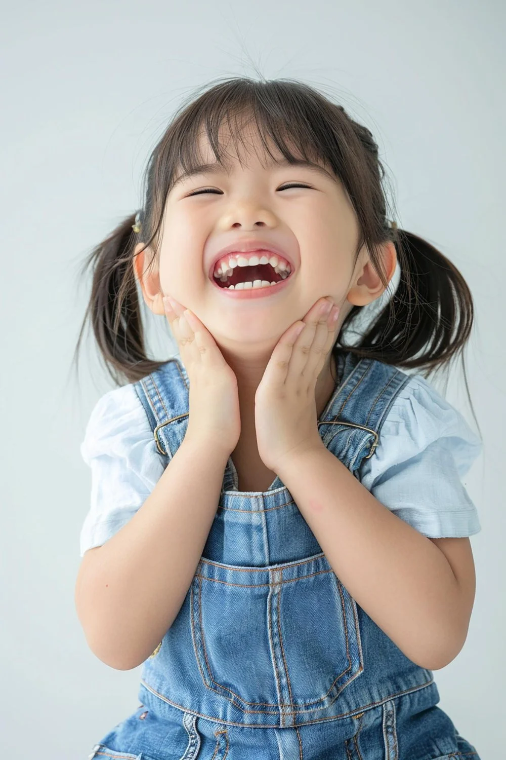 A happy young girl smiling and holding her chin with both hands.