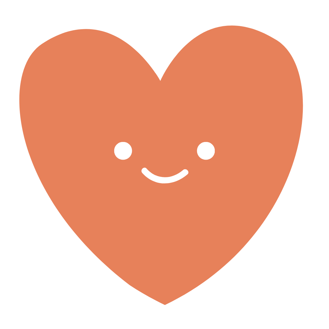 A cartoon heart with a smiling face, featuring white eyes and a small curved mouth.