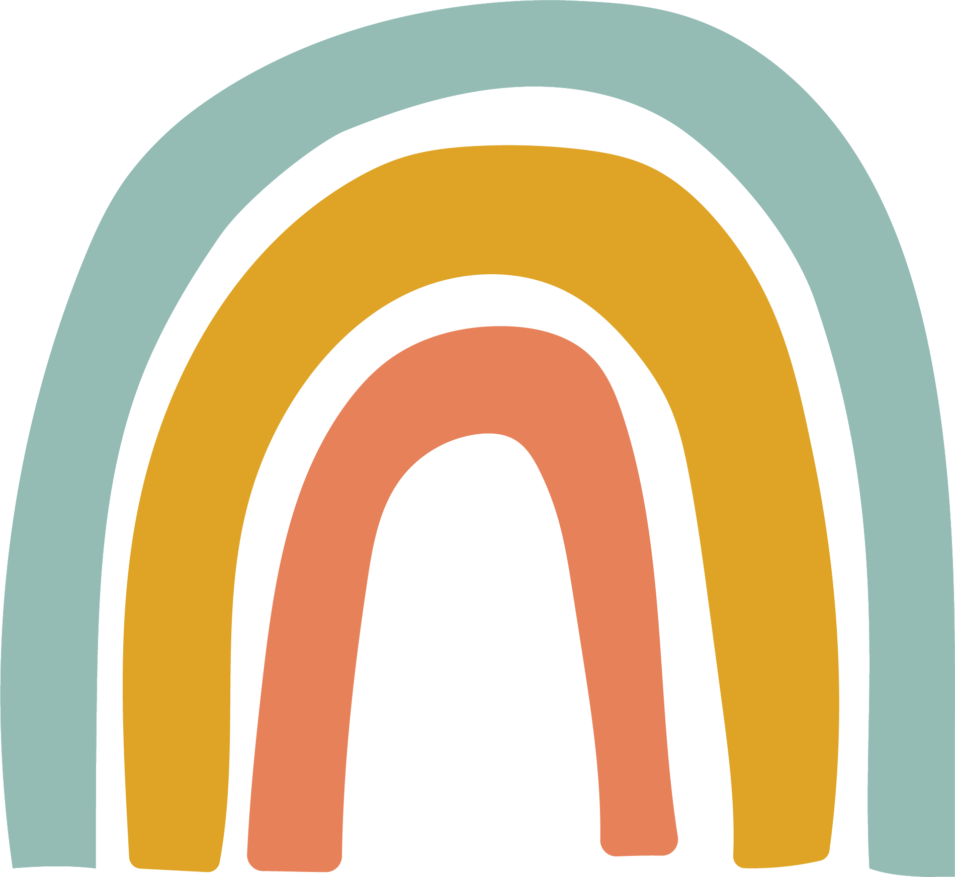 Colorful stylized rainbow with five arches in blue, yellow, orange, brown, and black.