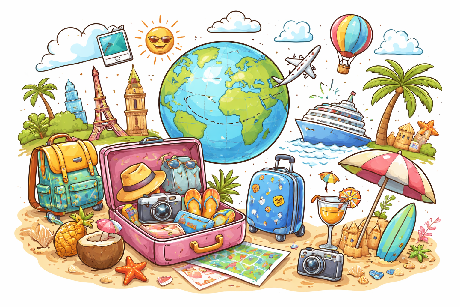 A colorful, cartoon-style illustration of a travel scene with a large globe in the center, surrounded by vacation essentials including suitcases, a camera, a hat, a map, and items like a pineapple, starfish, and seashells on a beach. In the background, there are palm trees, famous landmarks like the Eiffel Tower, and a cruise ship, airplane, hot air balloon, and a sunny sky with clouds and a smiling sun.