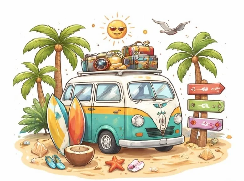 A vintage teal and yellow camper van decorated with flowers on a sandy beach, surrounded by palm trees, surfboards, seashells, flip-flops, a starfish, a coconut, a camera, a smiling sun, a seagull, and colorful direction signs.
