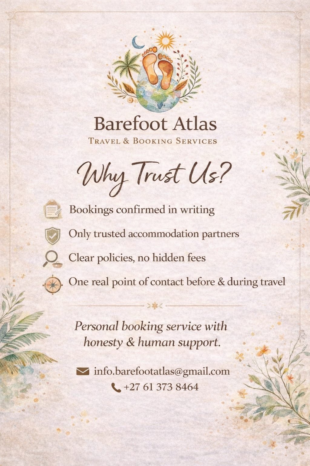 A flyer for Barefoot Atlas, a travel and booking service, featuring an illustrated logo of two footprints, a sun, a moon, and leaves. The flyer describes reasons to trust their services and provides contact information.