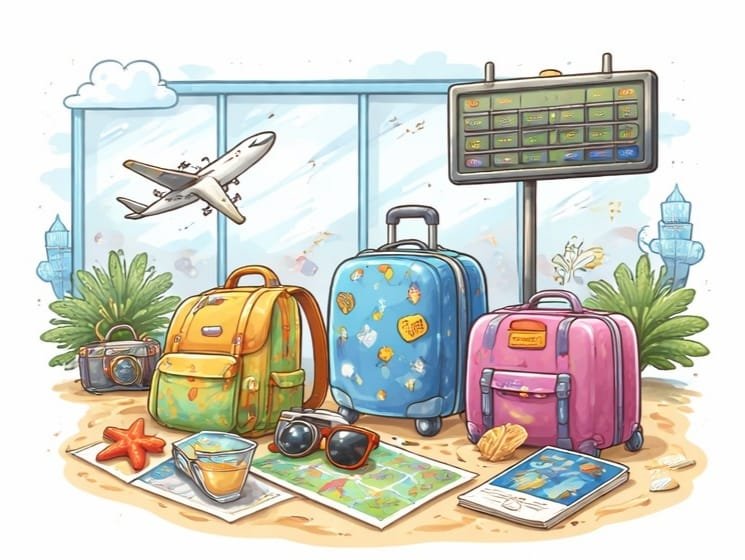 Travel essentials on a window sill with an airplane flying outside, including three colorful suitcases, a camera, sunglasses, a map, a tablet, a starfish, a cup, a seashell, and a digital display showing flight information.