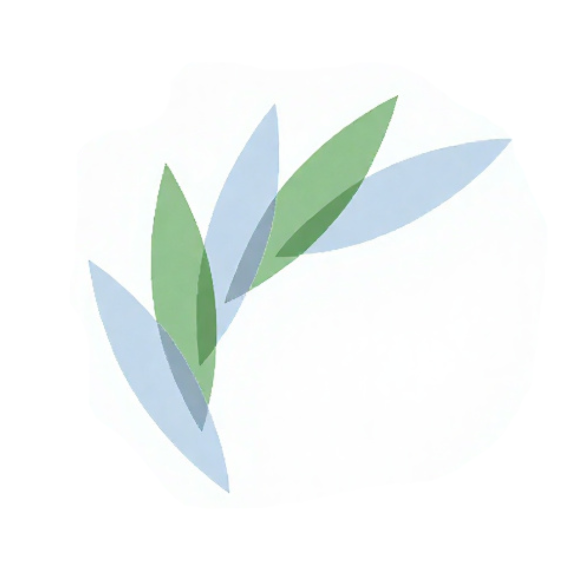 Illustration of green and light blue leaves arranged in a stylized pattern.