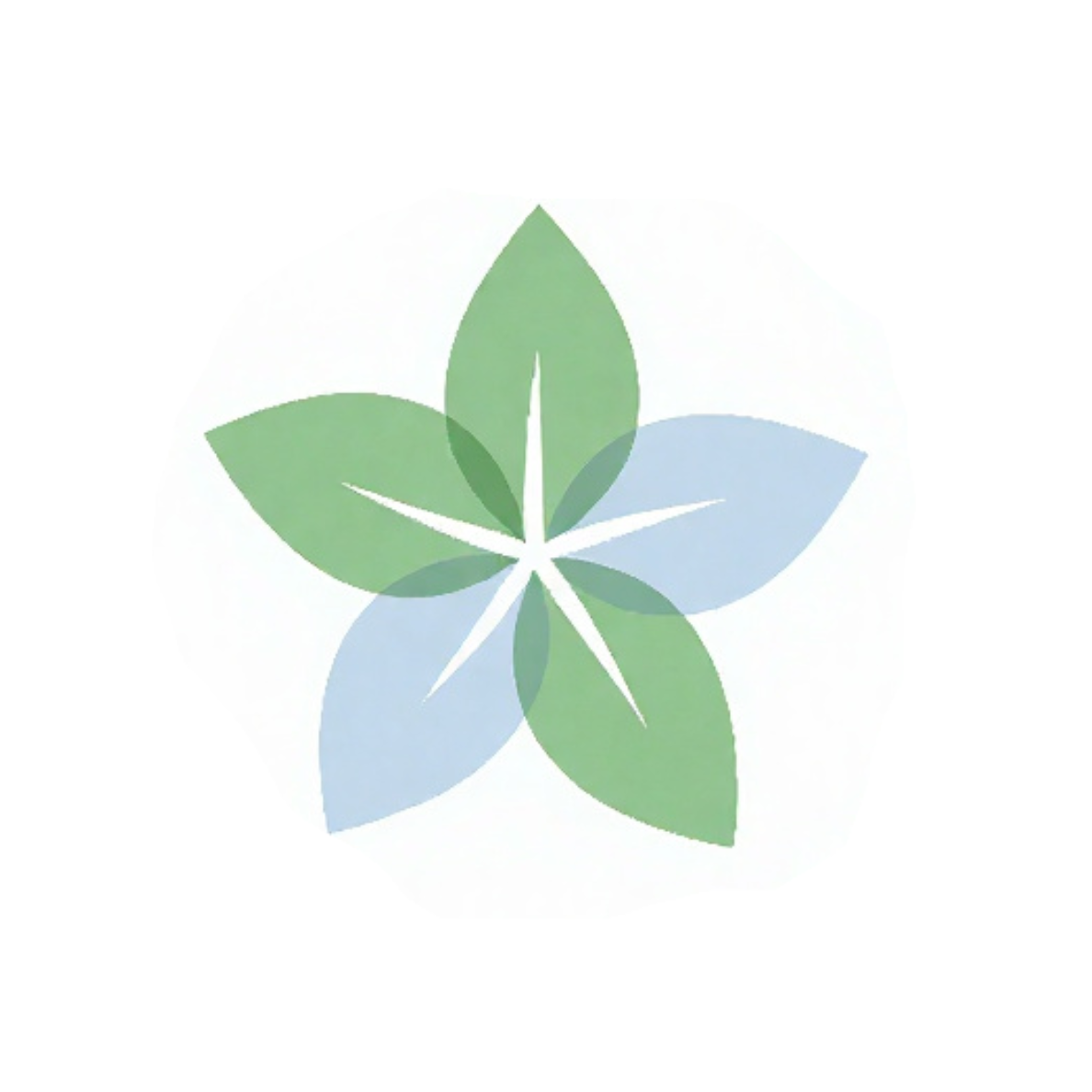 A stylized logo featuring a flower with green and blue overlapping petals on a white background.