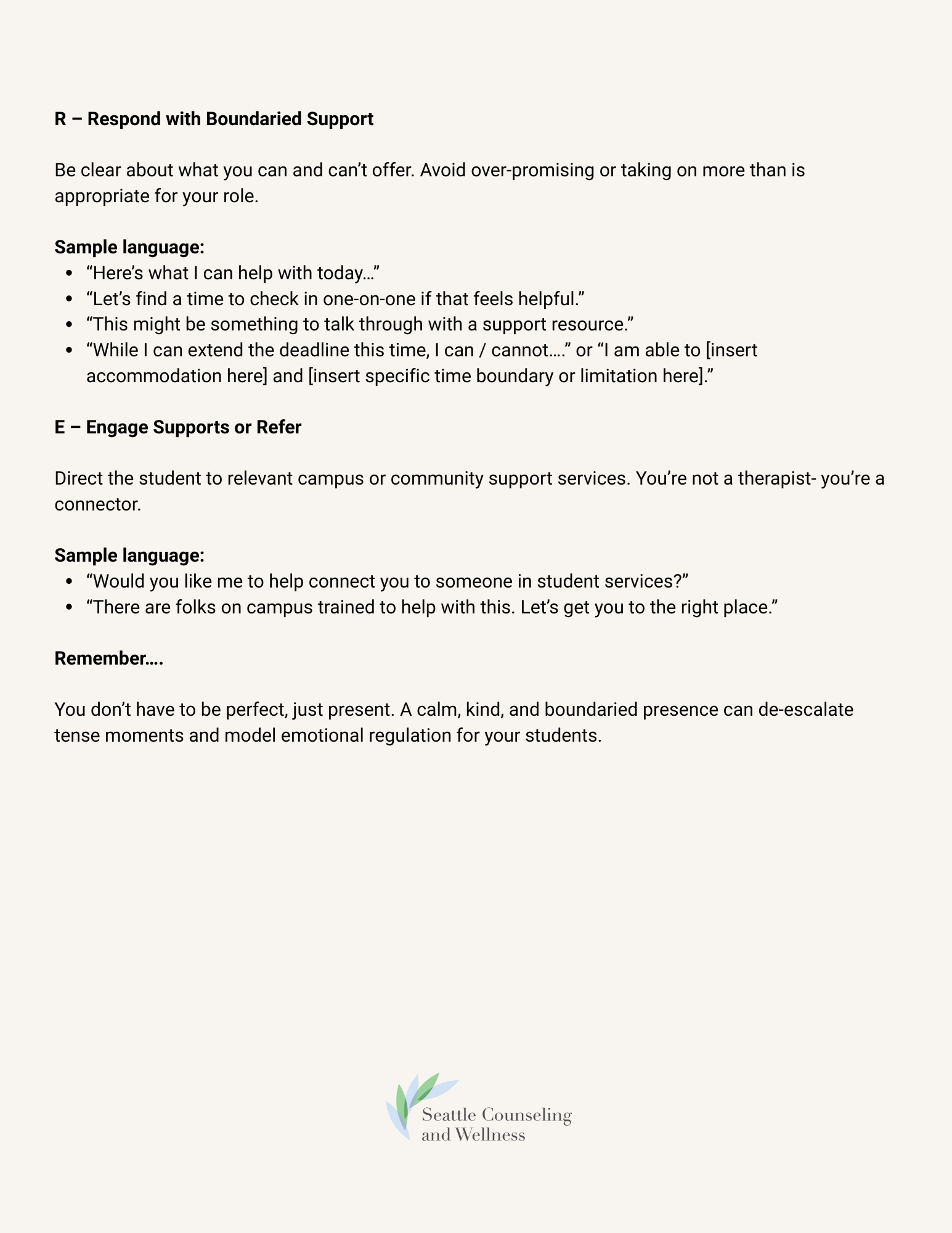 A document from Seattle Counseling and Wellness providing guidance on responding with boundaries, engaging supports or refer, and emotional regulation for students.
