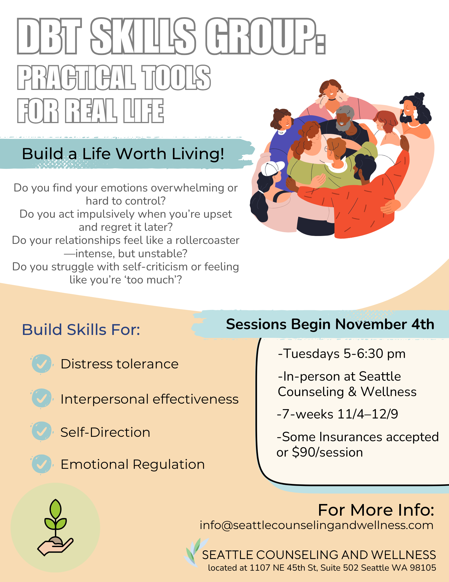Flyer for DBT Skills Group: Practical tools for real life, beginning November 4th, Tuesdays 5-6:30 pm at Seattle Counseling & Wellness, 7-week sessions, $90/session, in-person at Seattle, highlighting skills like distress tolerance and emotional regulation, with an illustration of a diverse group of people hugging.