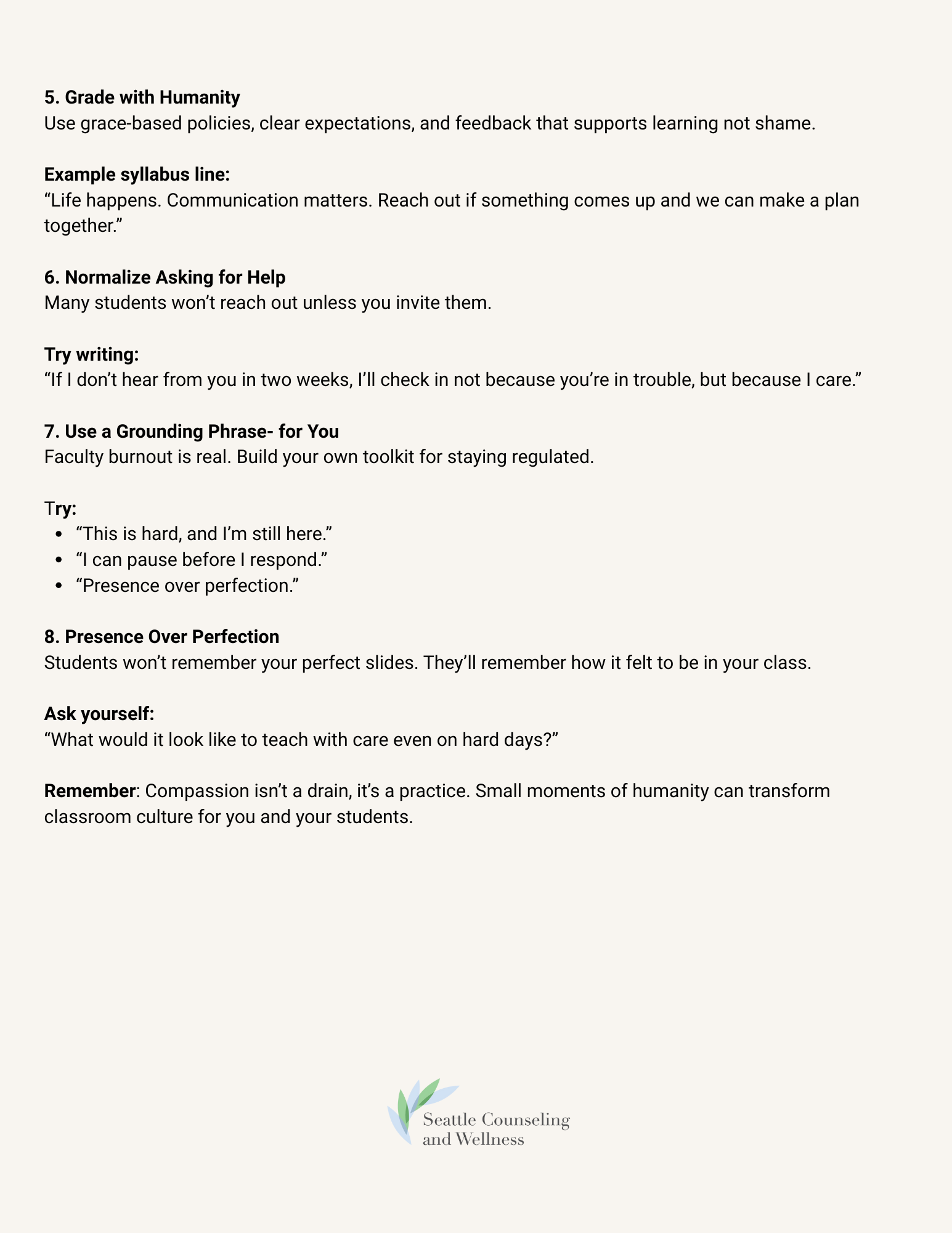 Educational document with tips for teachers on building humanity, asking for help, using grounding phrases, and creating a positive classroom culture, from Seattle Counseling and Wellness.