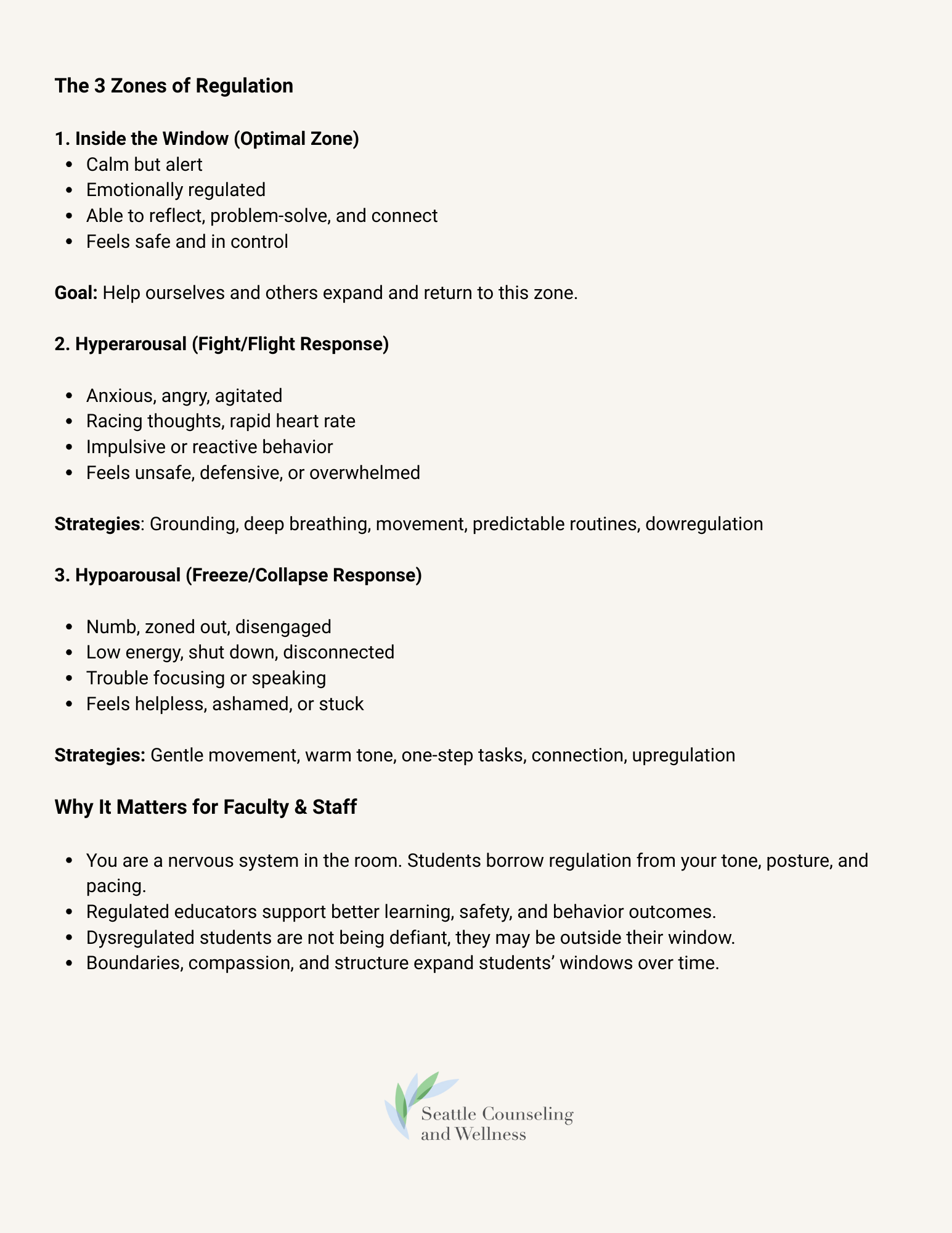 Document titled "The 3 Zones of Regulation" outlining the inside window, hyperarousal, and hypoarousal zones, with strategies and importance for faculty and staff, from Seattle Counseling and Wellness.