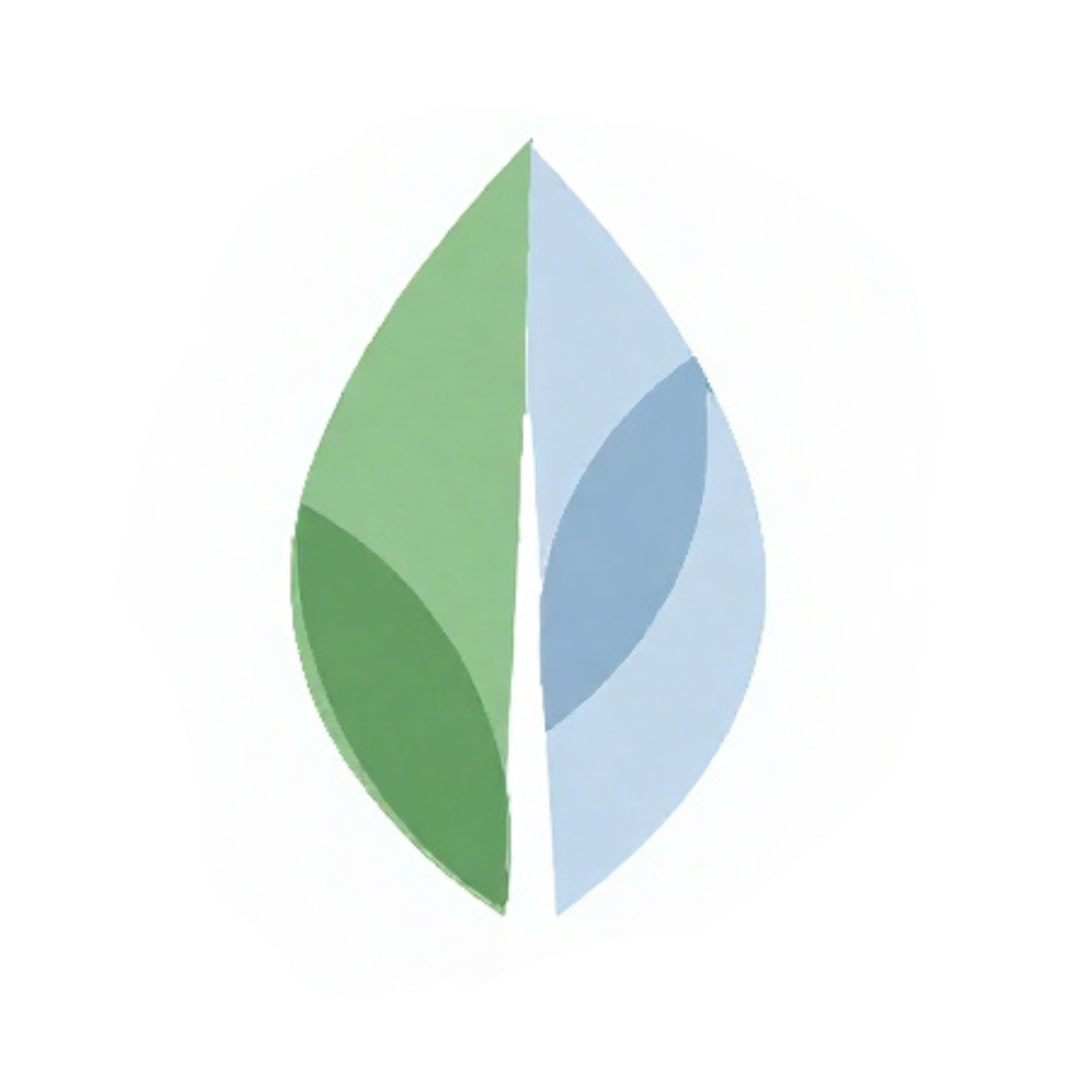 A stylized leaf divided into green and blue halves with overlapping shapes.