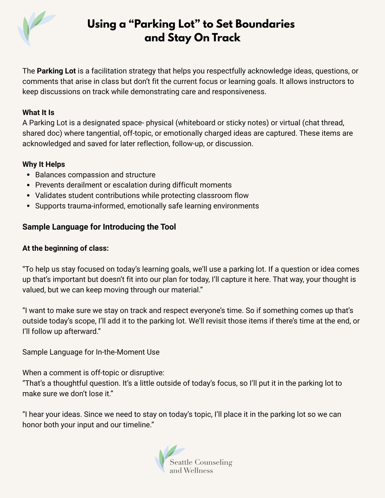 Informational poster titled "Using a 'Parking Lot' to Set Boundaries and Stay On Track" from Seattle Counseling and Wellness. It explains the concept of a parking lot as a facilitation strategy to acknowledge ideas without interrupting flow, and provides sample language for introducing and using a parking lot during class discussions.