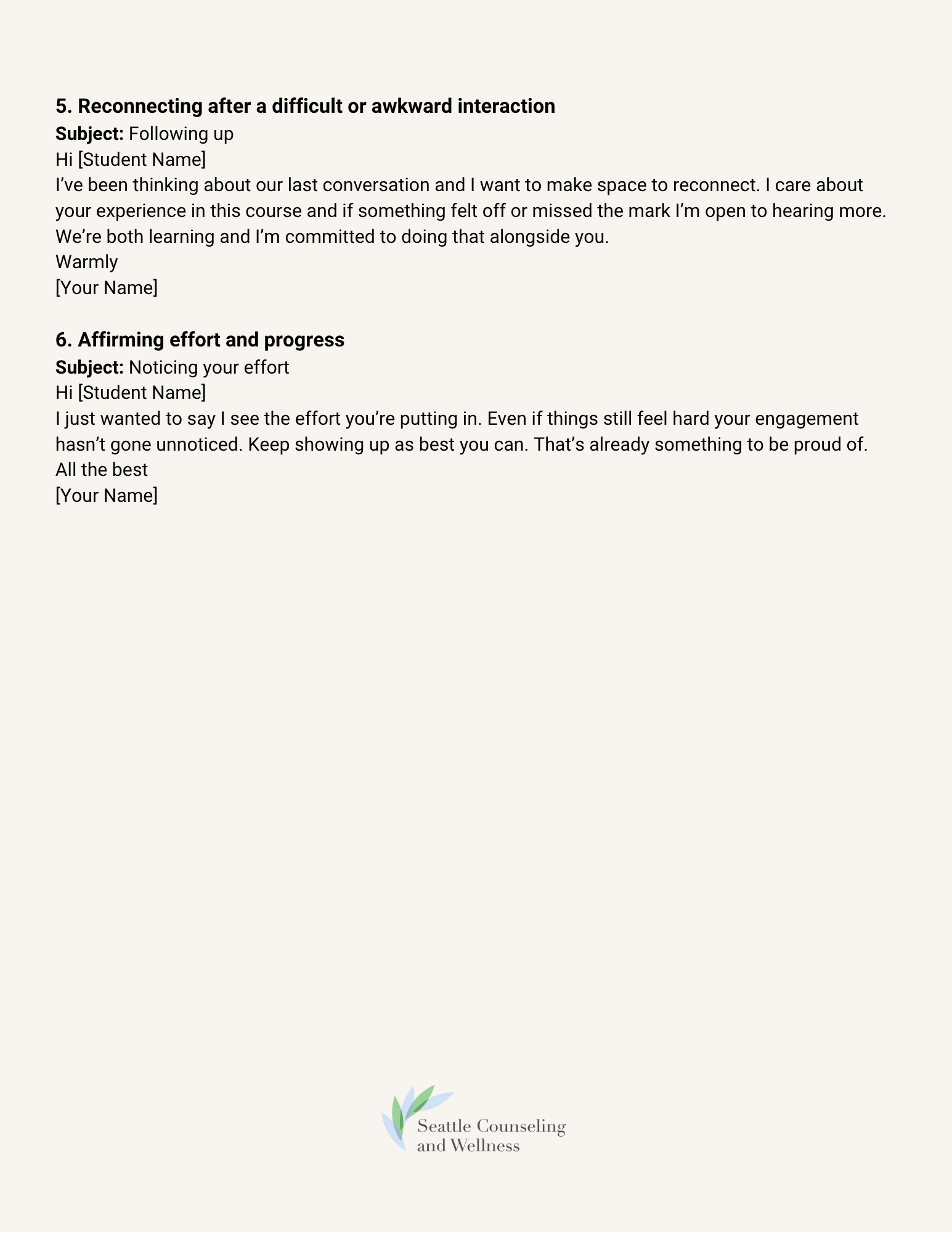 A letter from Seattle Counseling and Wellness with positive notes about reconnecting and affirming effort and progress, addressed to a student, with the organization's logo at the bottom.