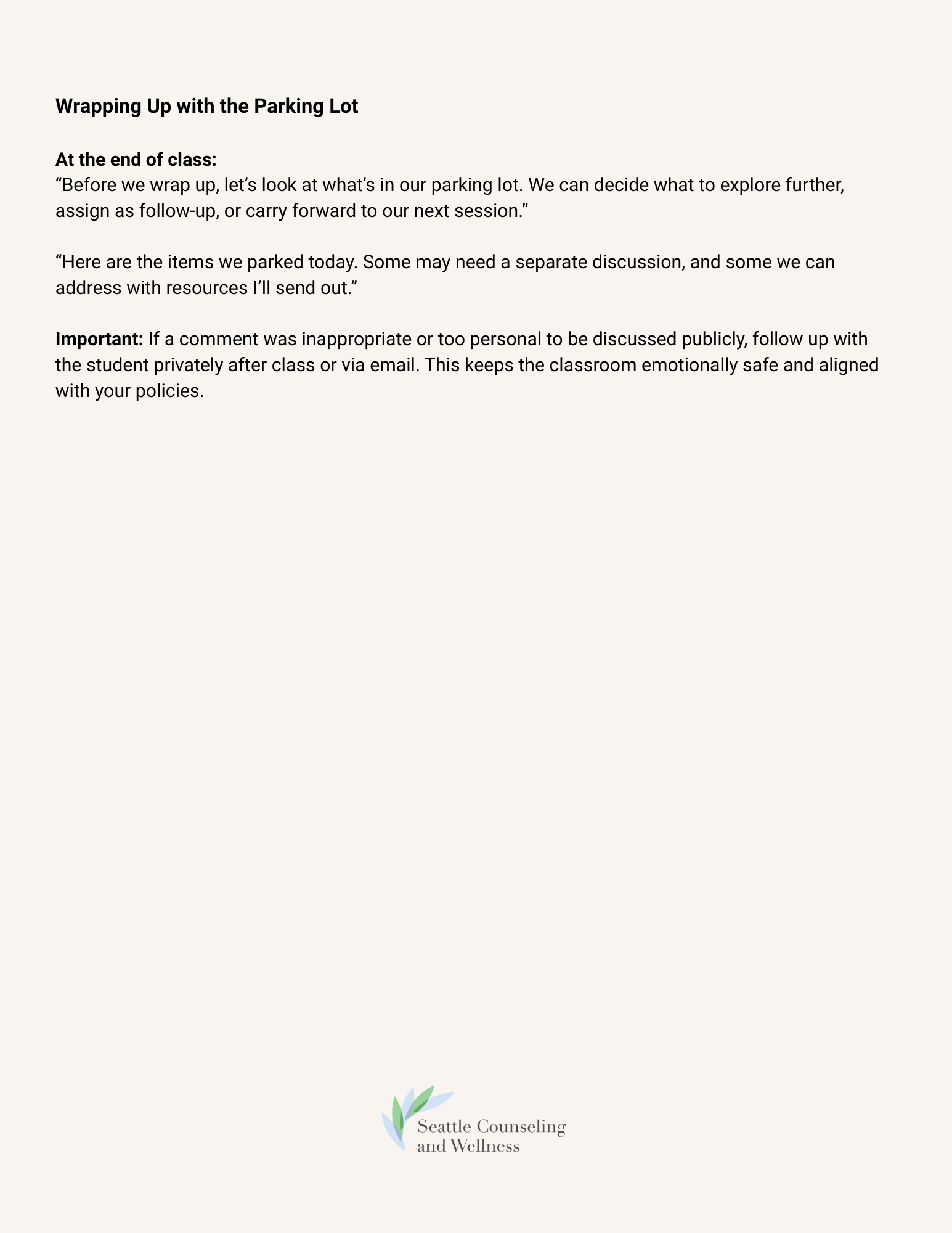 A page of text from Seattle Counseling and Wellness titled "Wrapping Up with the Parking Lot." The text discusses reviewing the parking lot items, deciding next steps, and handling comments privately, with a note at the bottom about the organization's logo and name.