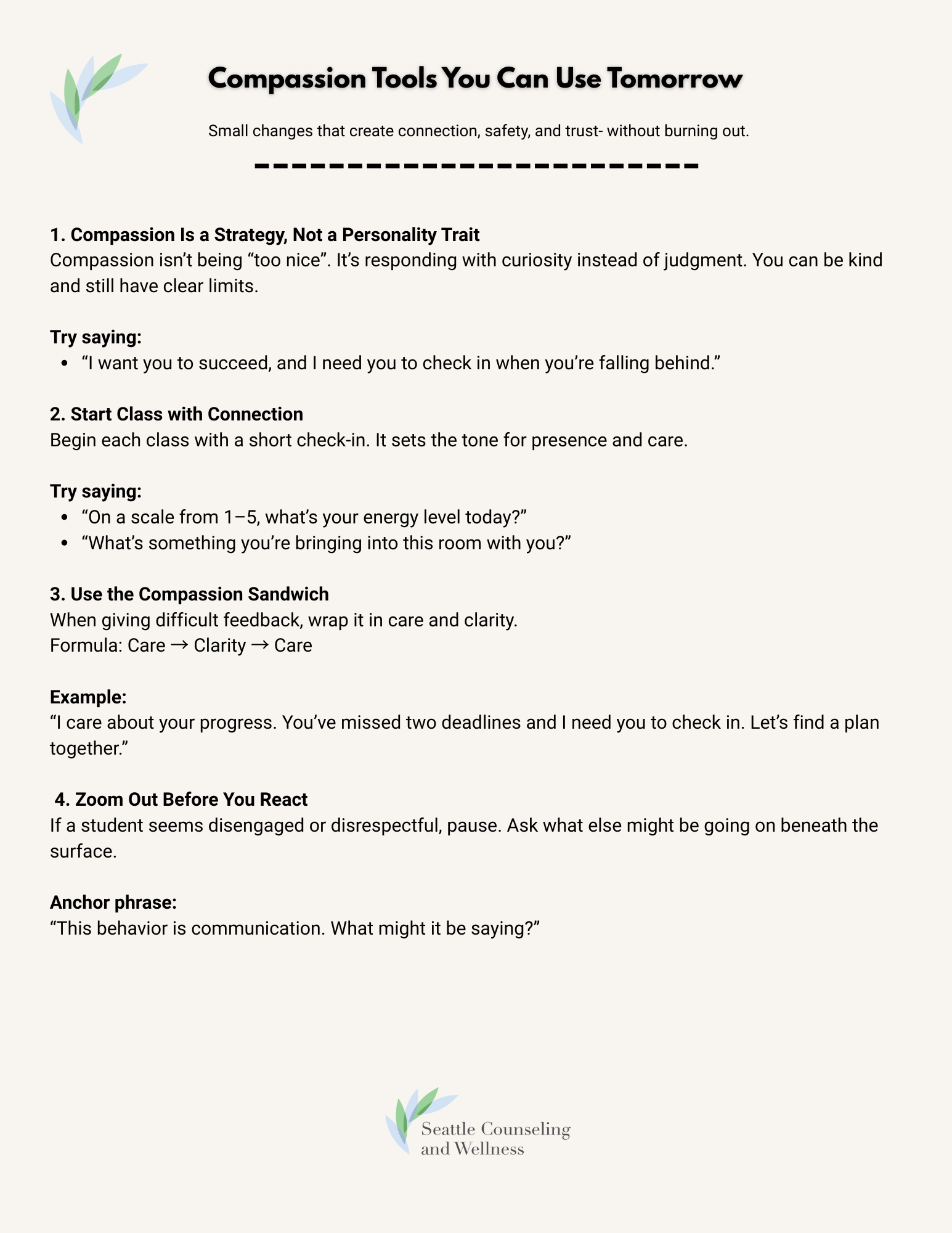 Guide titled 'Compassion Tools You Can Use Tomorrow' from Seattle Counseling and Wellness with tips on compassion strategies for mental health professionals.