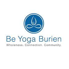 Logo for Be Yoga Burien featuring a blue circular symbol with a stylized yoga pose and water drop, along with the text "Be Yoga Burien" and the tagline "Wholeness. Connection. Community."