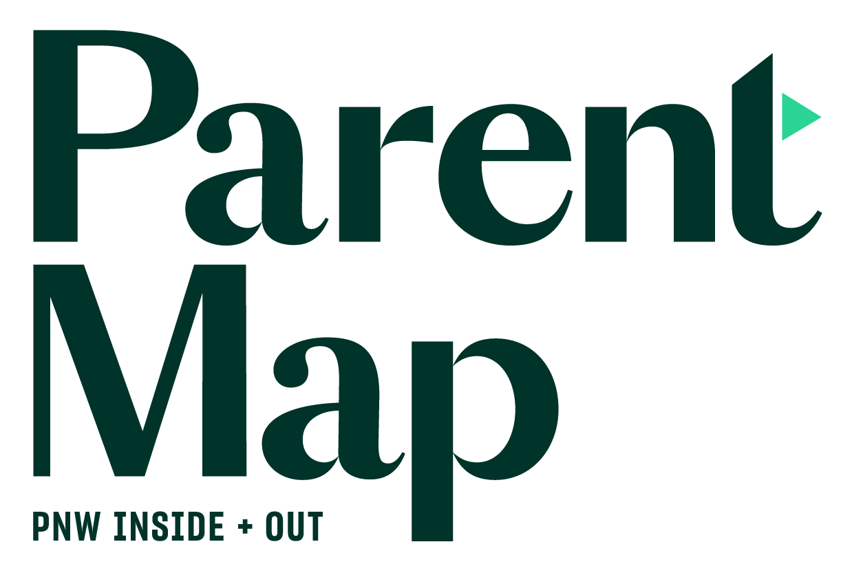 The image displays a dark green logo with the words 'Parent Map' in large text, and the smaller text 'PNW INSIDE + OUT' underneath.