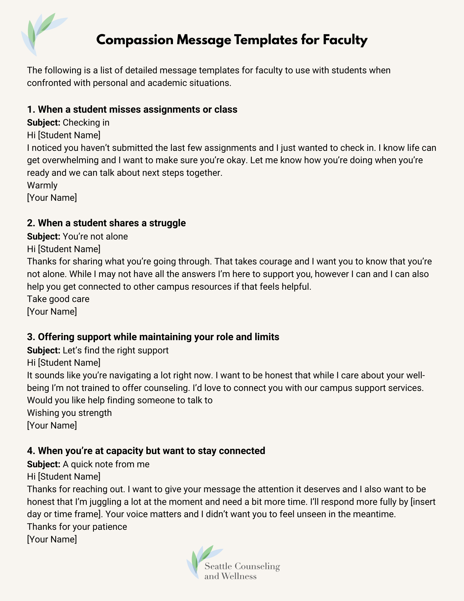 A document titled 'Compassion Message Templates for Faculty' with four example message templates for faculty to use with students, including subjects and sample messages, and a logo at the bottom representing Seattle Counseling and Wellness.