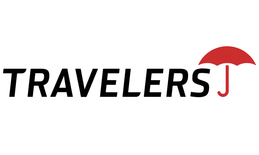 The word "Travelers" with a red umbrella replacing the letter 'J' in the word.