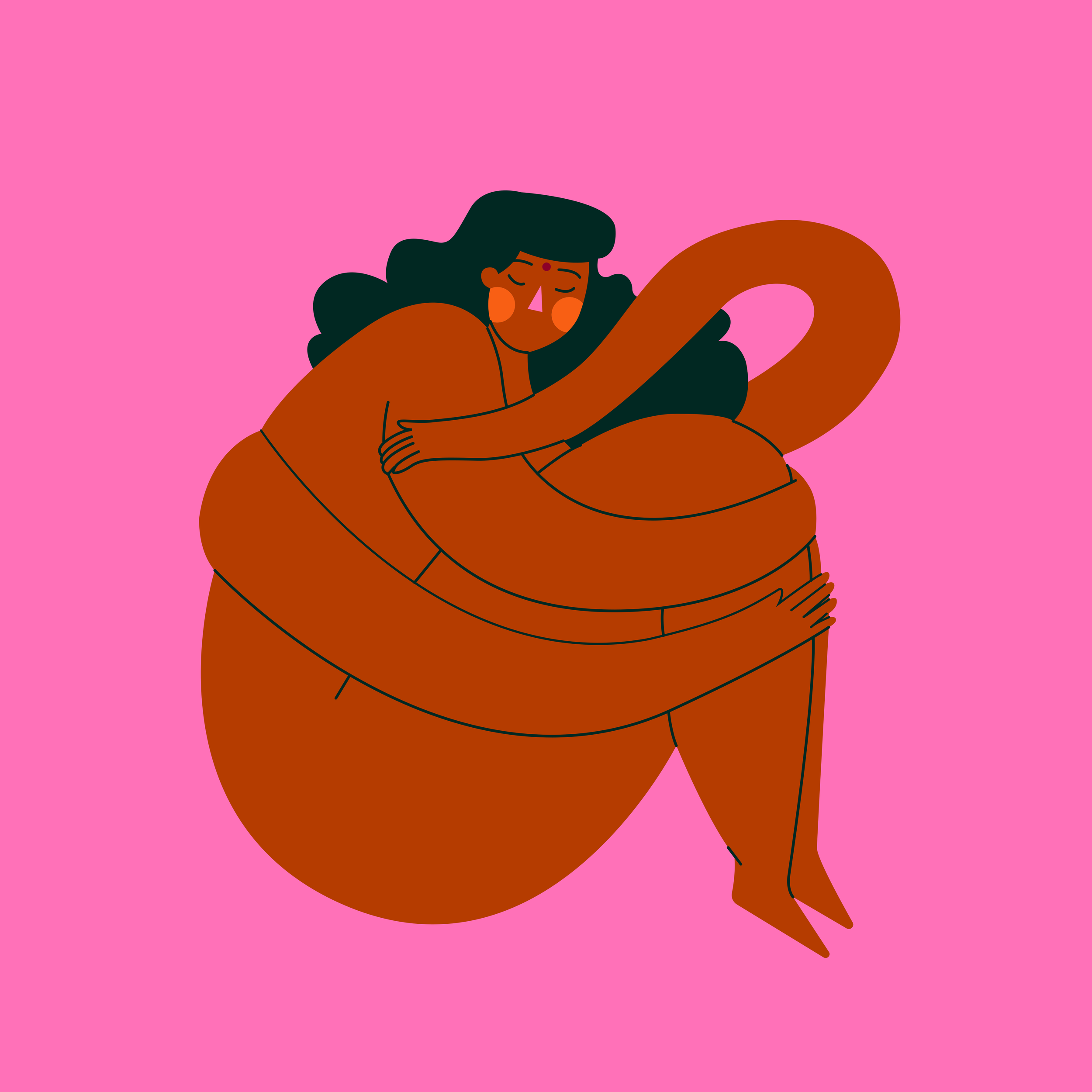 Een illustratie van een vrouw die ineen gekruld zit, omringd door een grote, lusvormige vorm, op een roze achtergrond.