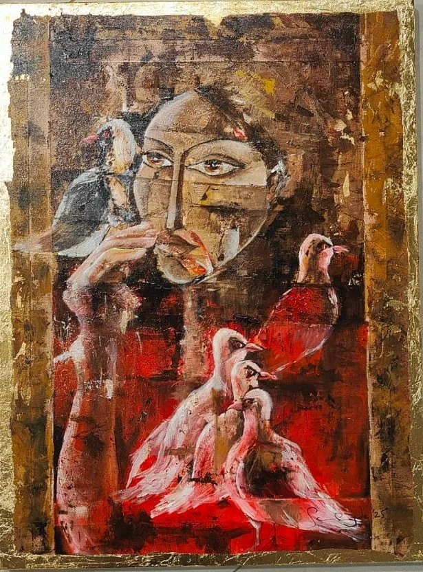 An abstract painting featuring a woman's face with intense eyes in the upper half, surrounded by multiple pink flamingos at various angles, all set against a dark, textured background.