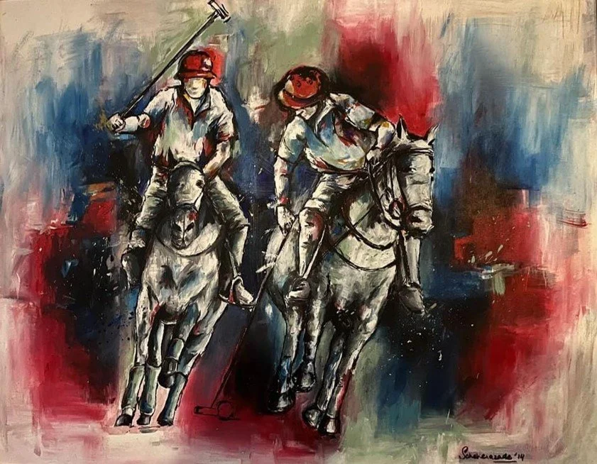 An abstract painting of three polo players riding horses and playing polo, with bold brushstrokes and a colorful background.