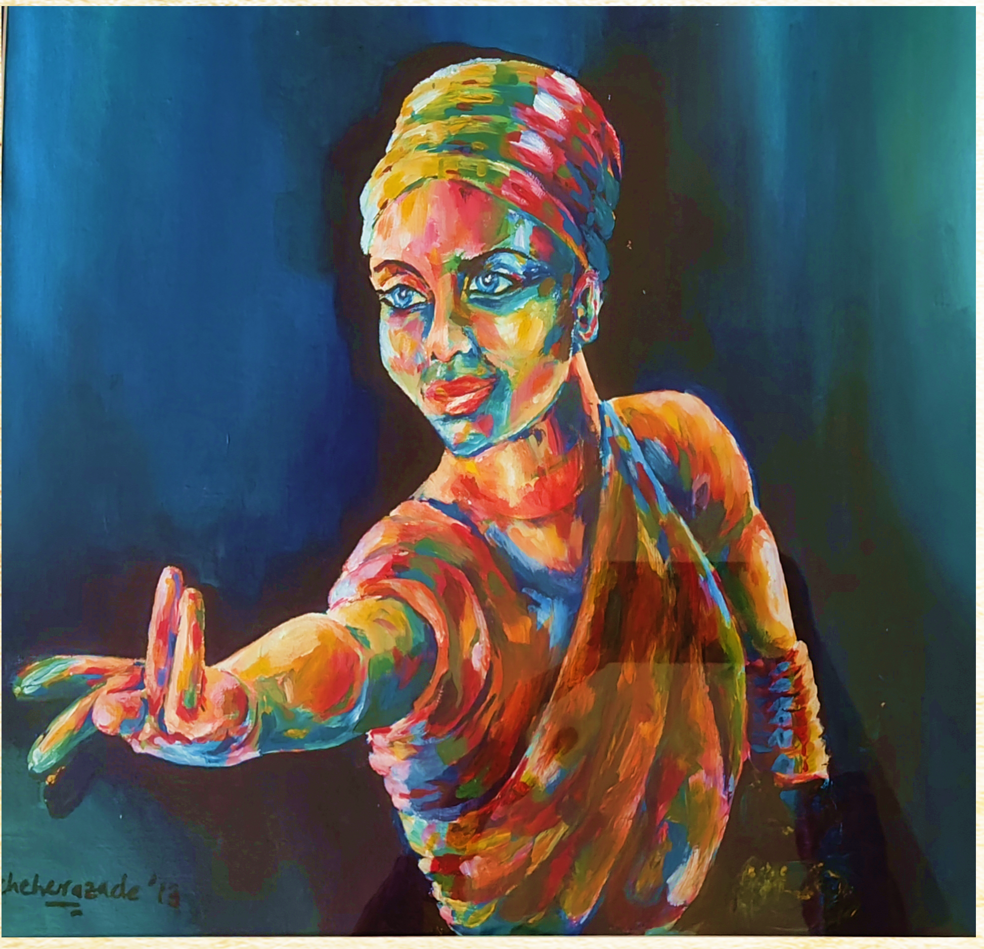 An abstract painting of a woman with a vibrant, colorful headscarf, extending her hand forward with her palm facing out, against a dark blue background.