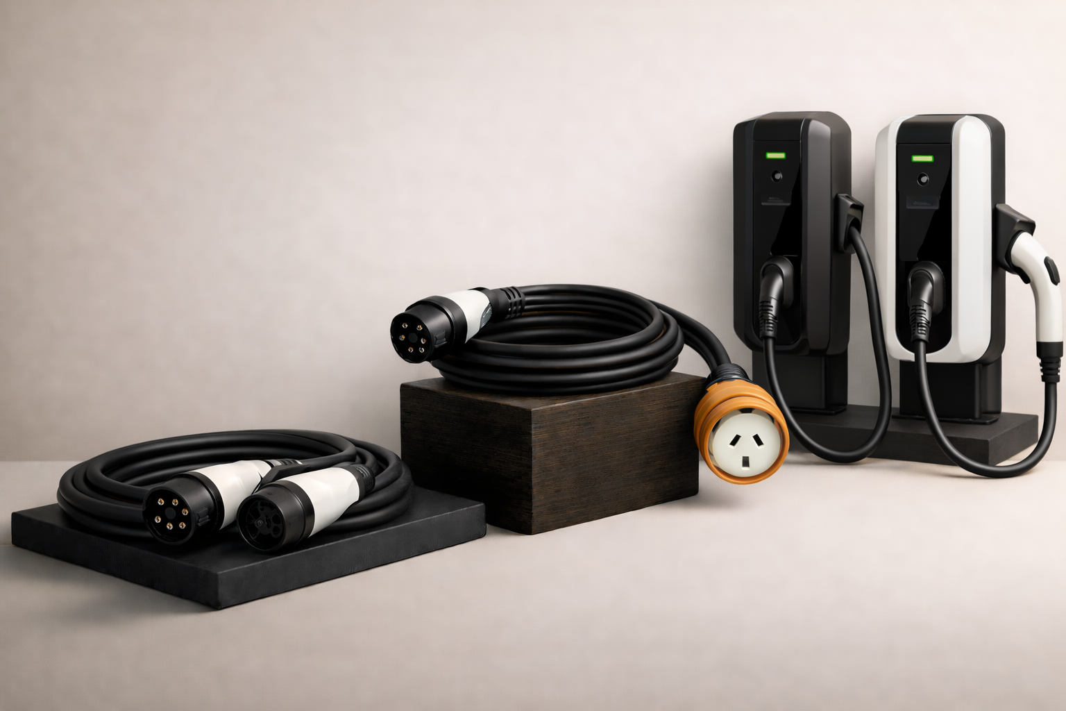 Electric vehicle charging cables and adapters on a neutral background.