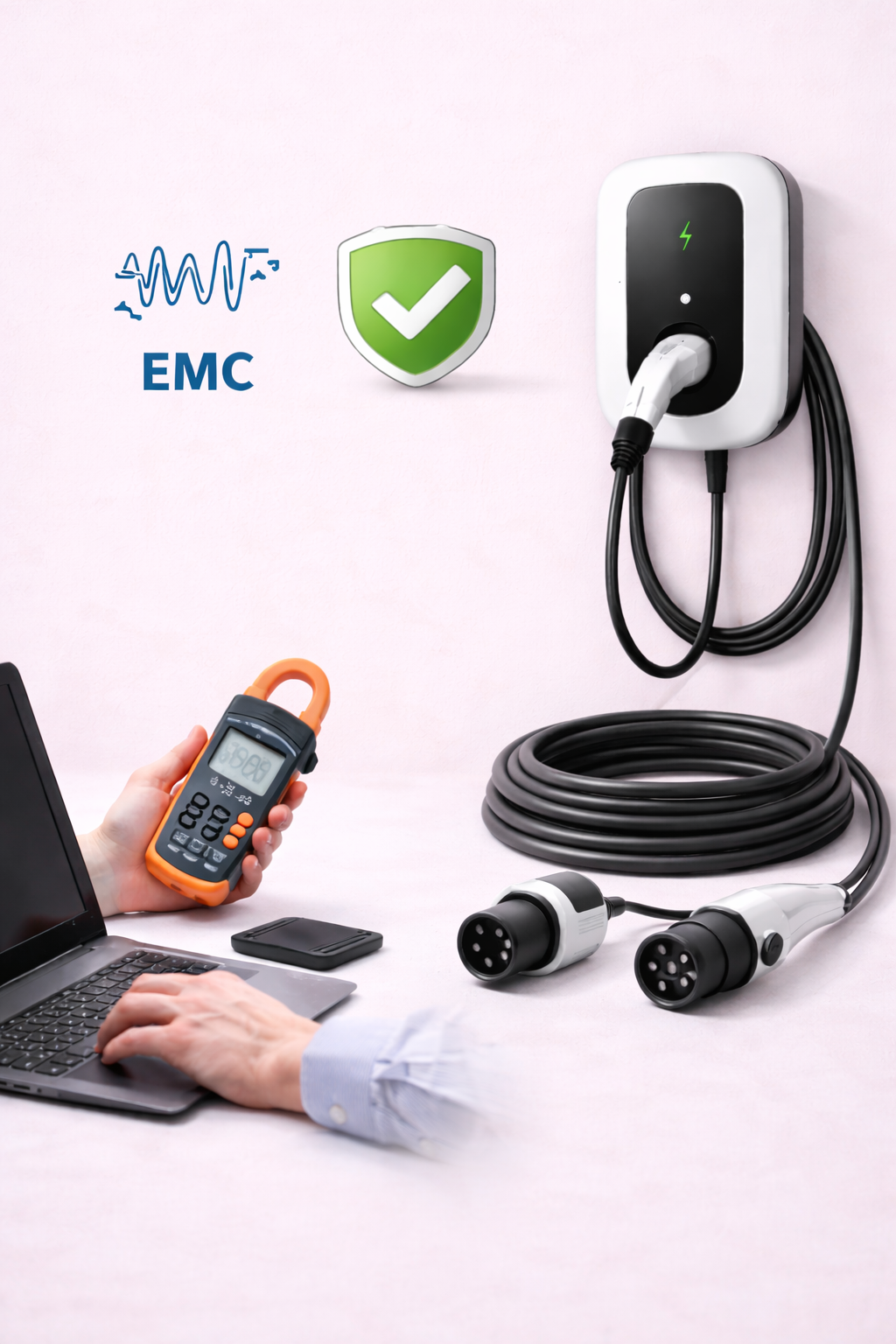 Electric vehicle charging station with a hand holding a digital multimeter, a laptop, and a person in a blue shirt taking measurements.