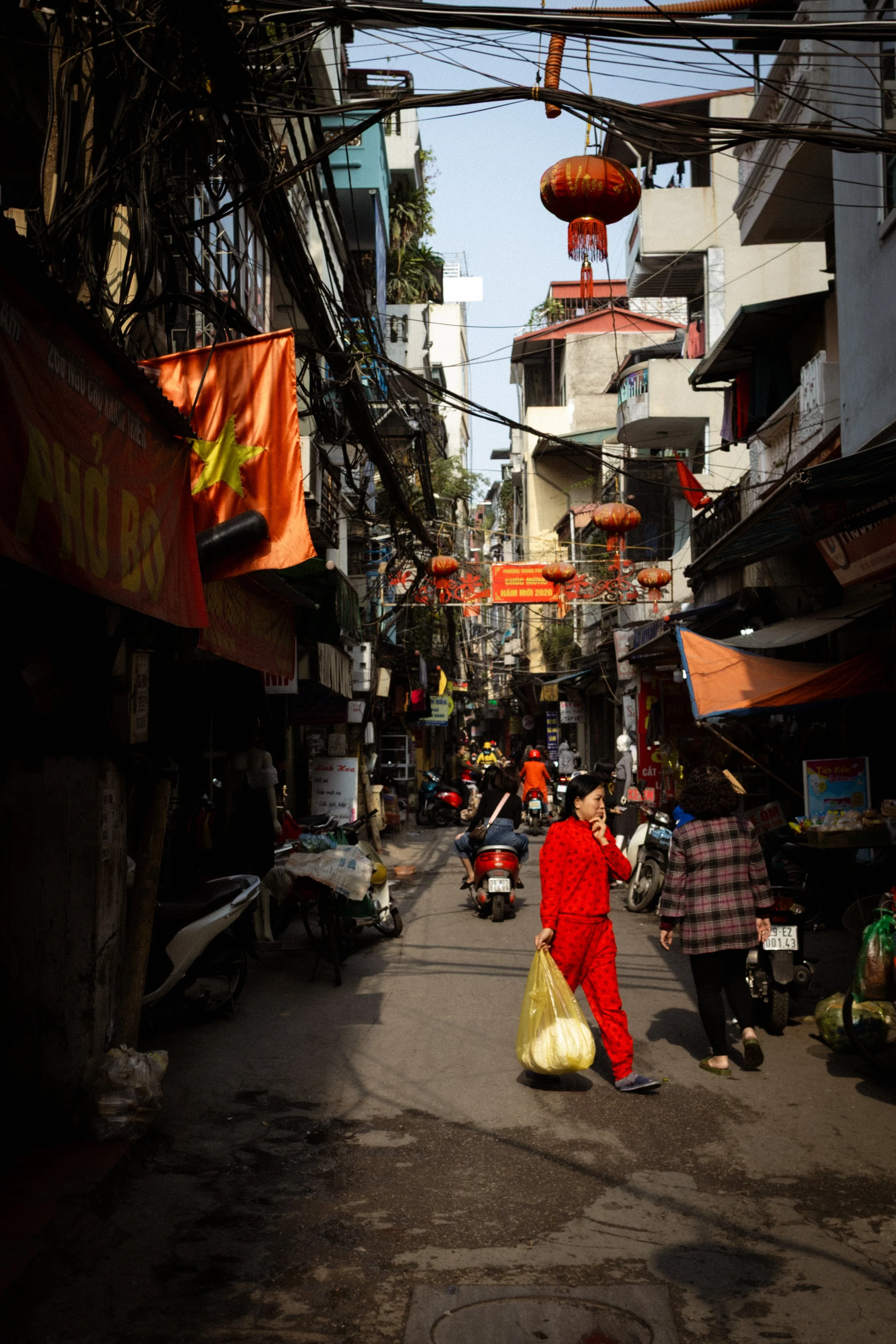 A local carries her shopping home through the back streets. Hanoi, Vietnam, 2019