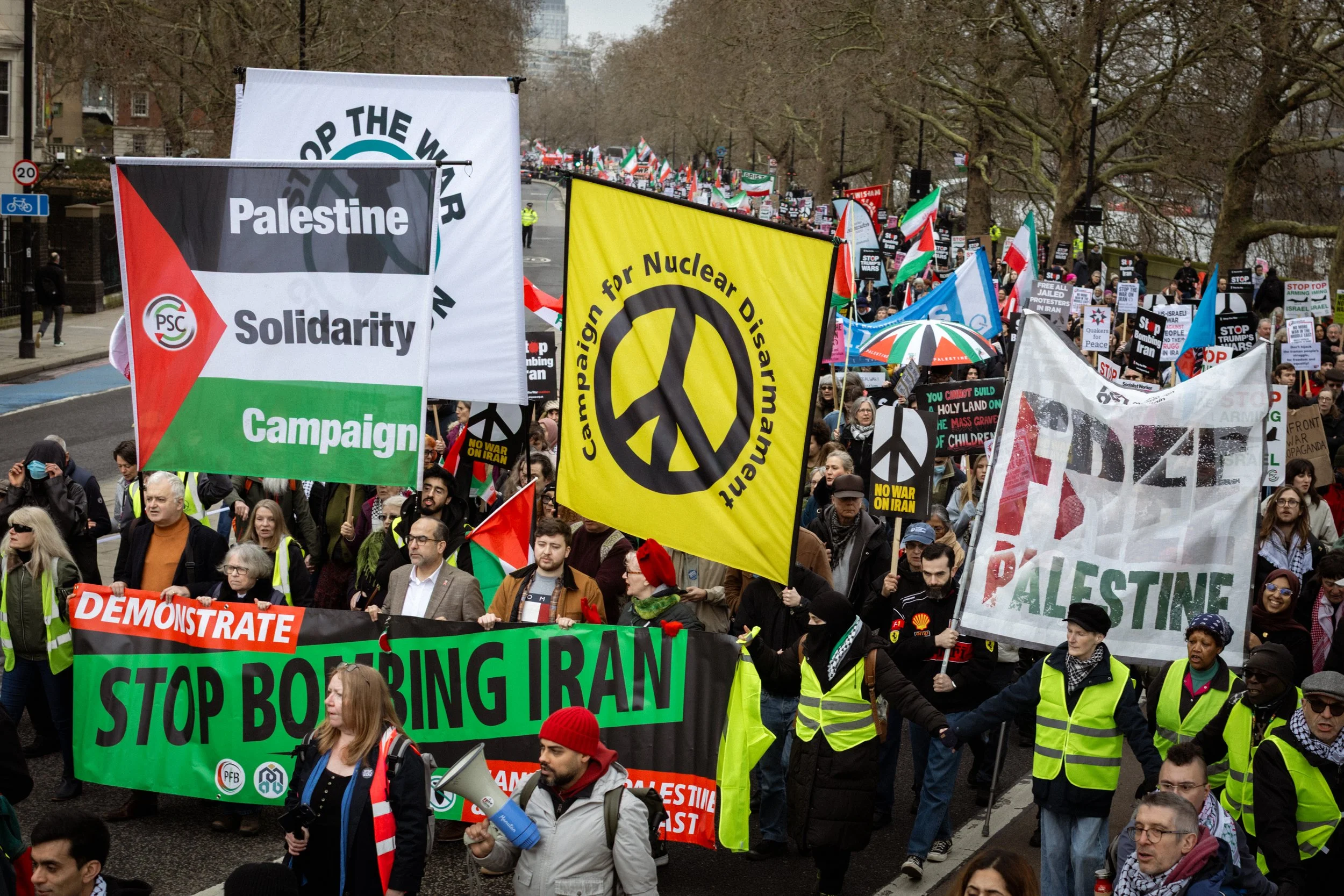 Thousands take to the streets and march to protest against the bombing of Iran. 
