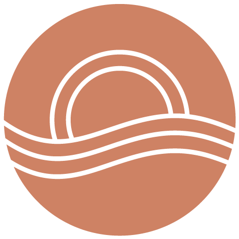 Simple graphic of a rainbow over wavy lines, all within a brown circle.