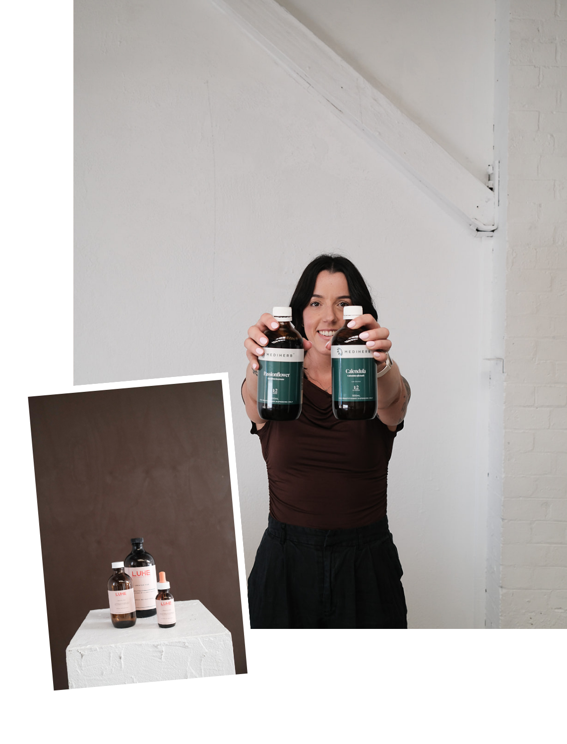 Girl with dark hair holding bottles of herbs with herb bottles in smaller photo