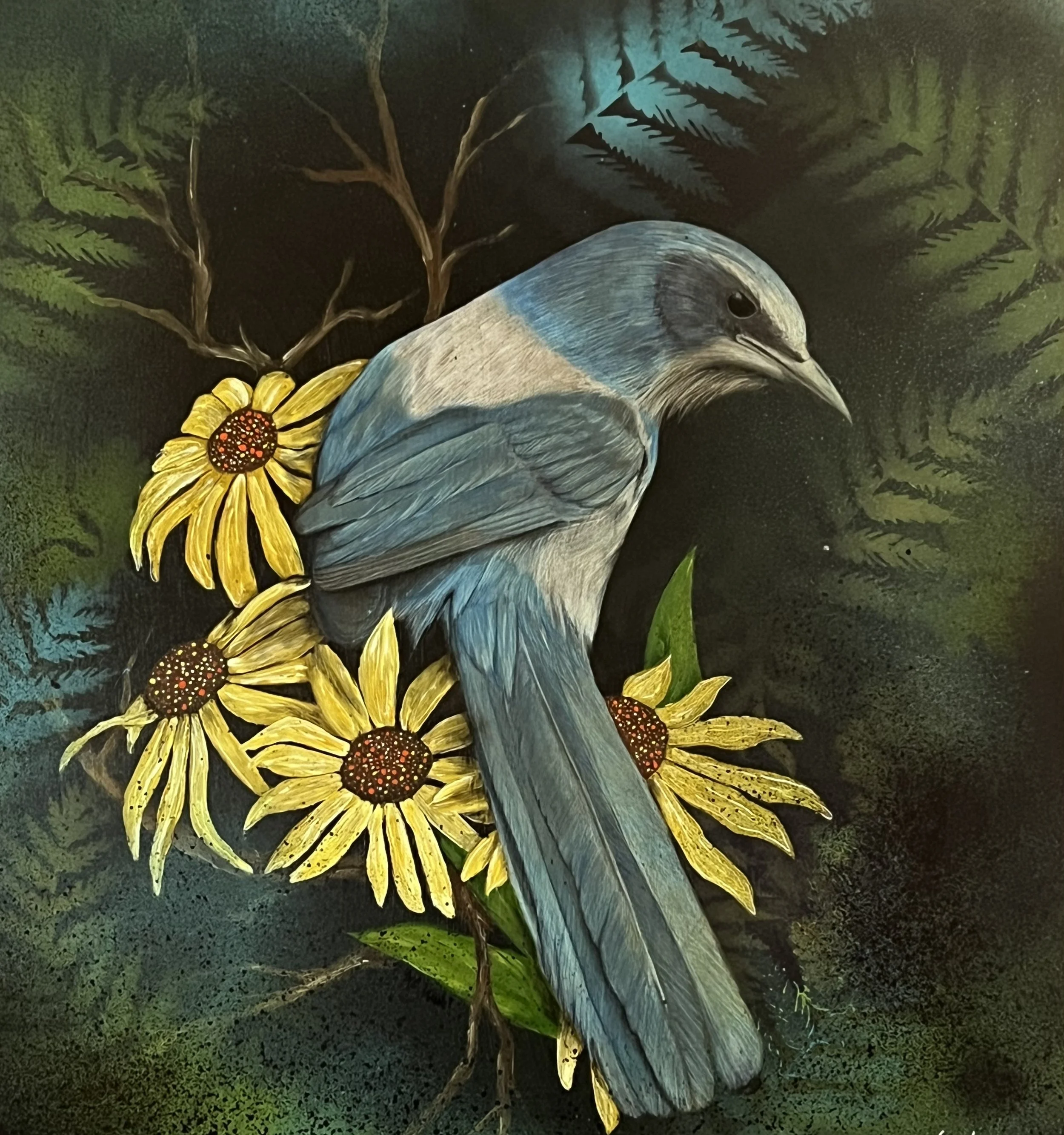 Painting of a blue and gray bird perched among yellow flowers with dark green foliage in the background.