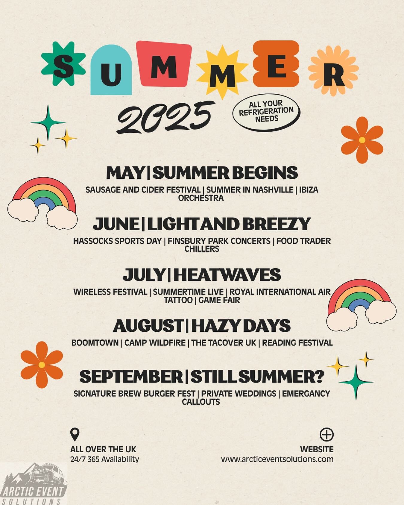 Summer highlights 🌞🚚

Remembering the warmer times and looking back at some of our favourite festivals/events we supplied during the 2025 summer season! 

With bookings already rolling in for Summer 2026, get in contact with us for all your chiller