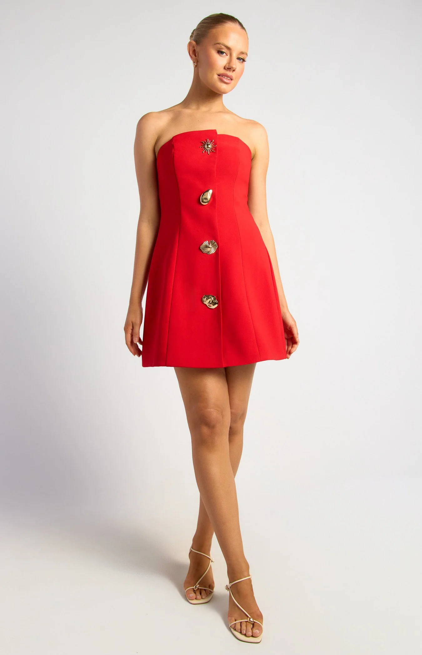 Asymmetric Neckline Gold Button Feature Cinch Waist Dress