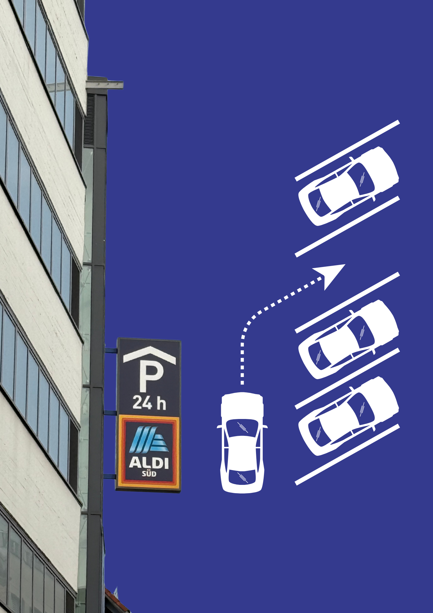 Zeichnung eines Parkhauses mit einem Auto, das eine Parklücke ansteuert, mit Anweisungen für die Einparkstrategie, neben einem Schild, das 24 Stunden Parken bei ALDI Süd anzeigt.