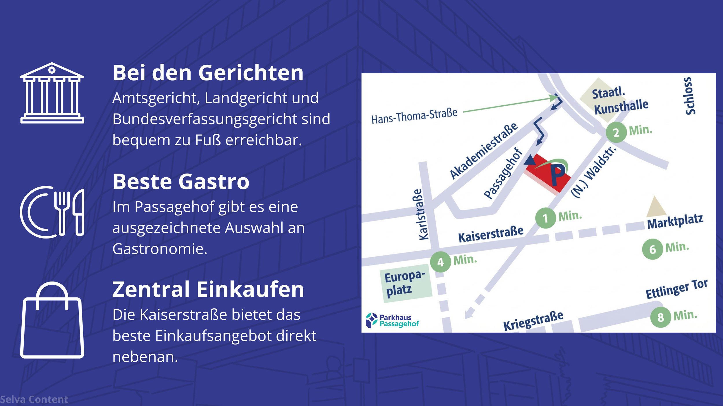 Karte mit Wegbeschreibung zu Gerichten in einer Stadt, mit Wegzeiten zu verschiedenen Orten wie Staatskanzlei, Marktplatz und Ettlinger Tor. Linke Seite mit Text und Icons zum Thema Gerichte, Gastronomie und Einkauf, rechte Seite Karte mit Straßen und Wegmarkierungen.