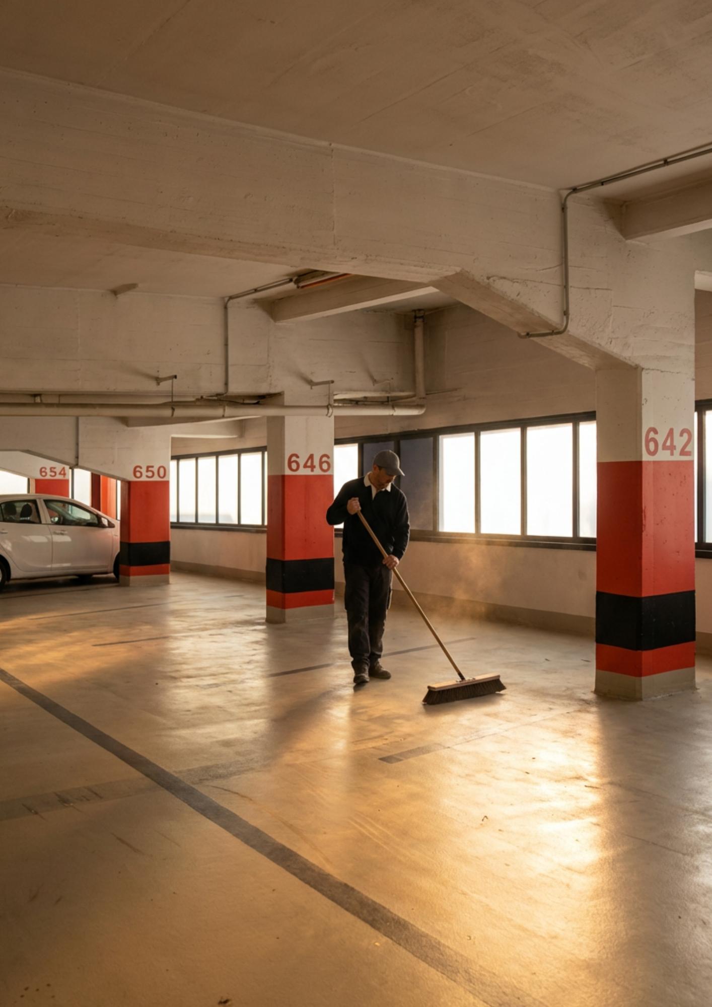 Mitarbeiter kehrt die Parkgarage, die Parkplatznummern sind sichtbar, darunter 650, 646 und 642.