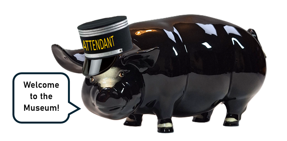 A shiny black pig sculpture wearing a French police officer's kepi hat labeled 'ATTENDANT' with a speech bubble saying 'Welcome to the Museum!'