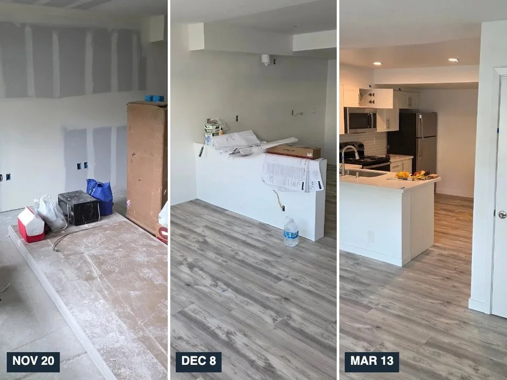 ADU construction progress from framing to finished kitchen