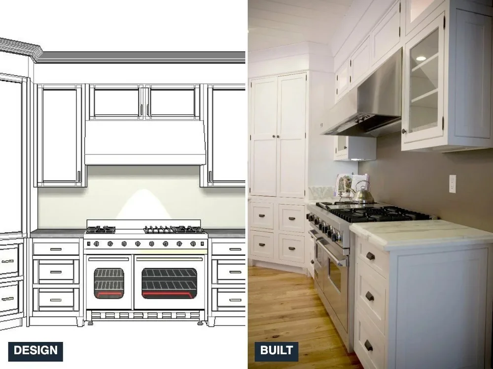 Kitchen design rendering beside the finished built kitchen