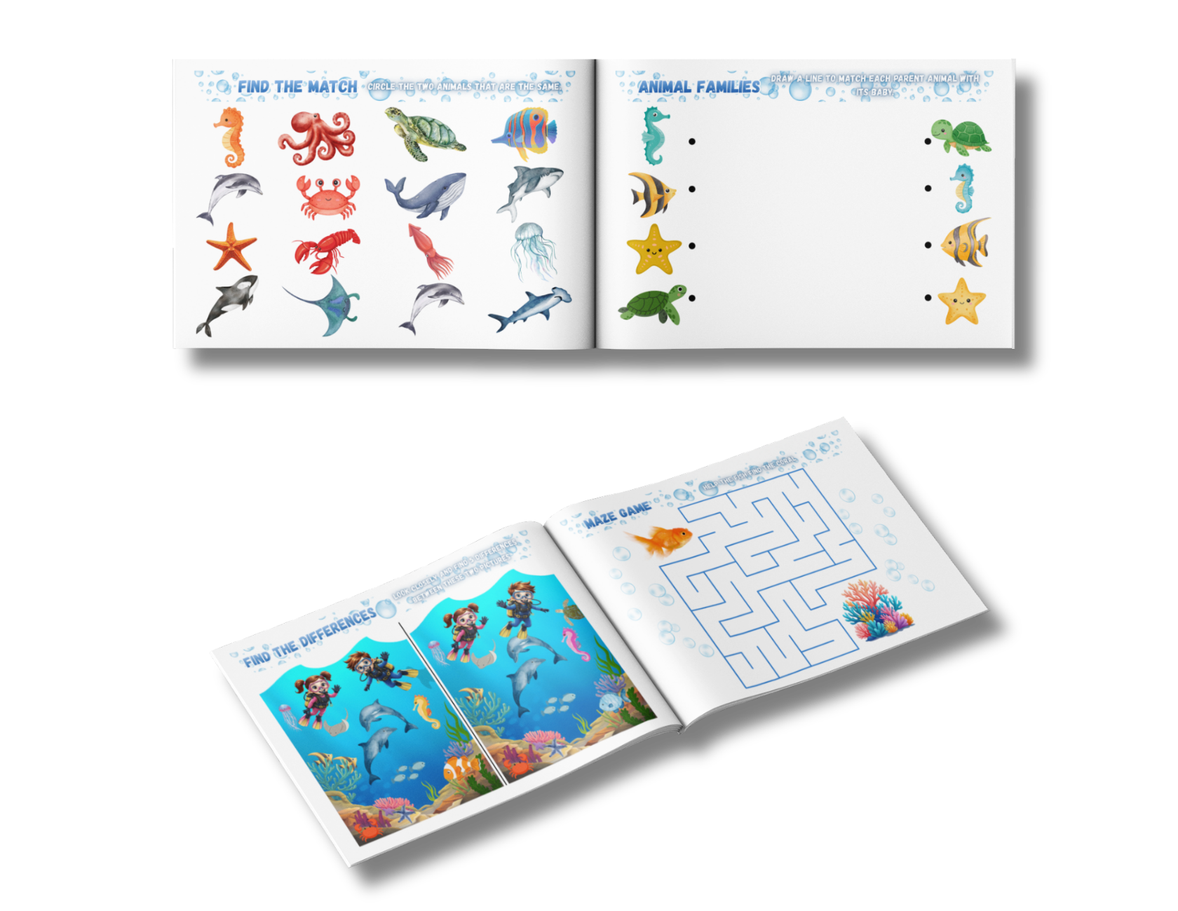 Open children's activity book featuring underwater scenes with marine animals, including a dolphin, underwater divers, and a maze game with an orange fish.