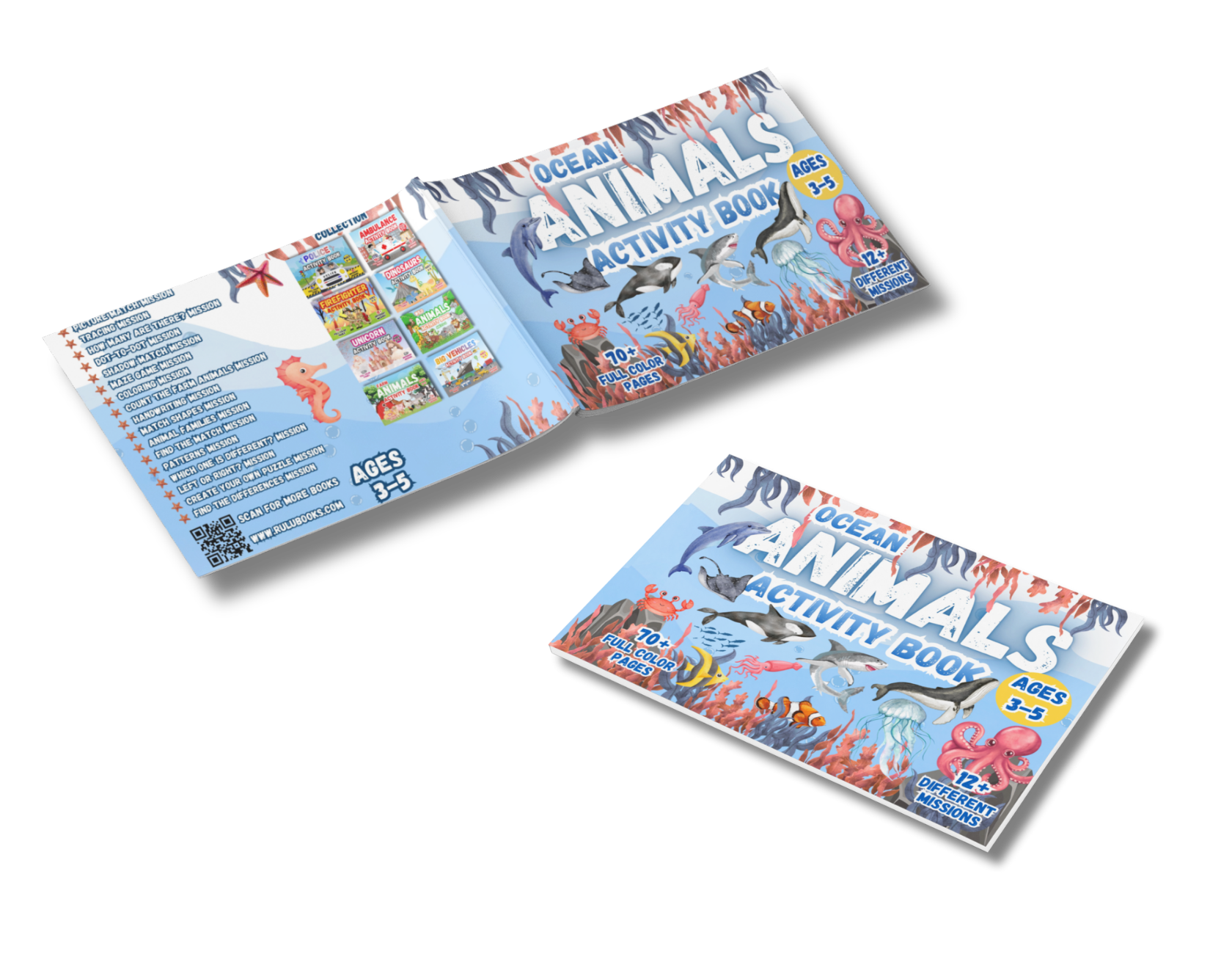 A folded Ocean Animals Activity Book cover with colorful illustrations of sea creatures, including a whale, octopus, fish, and crab, designed for children ages 3 to 5.