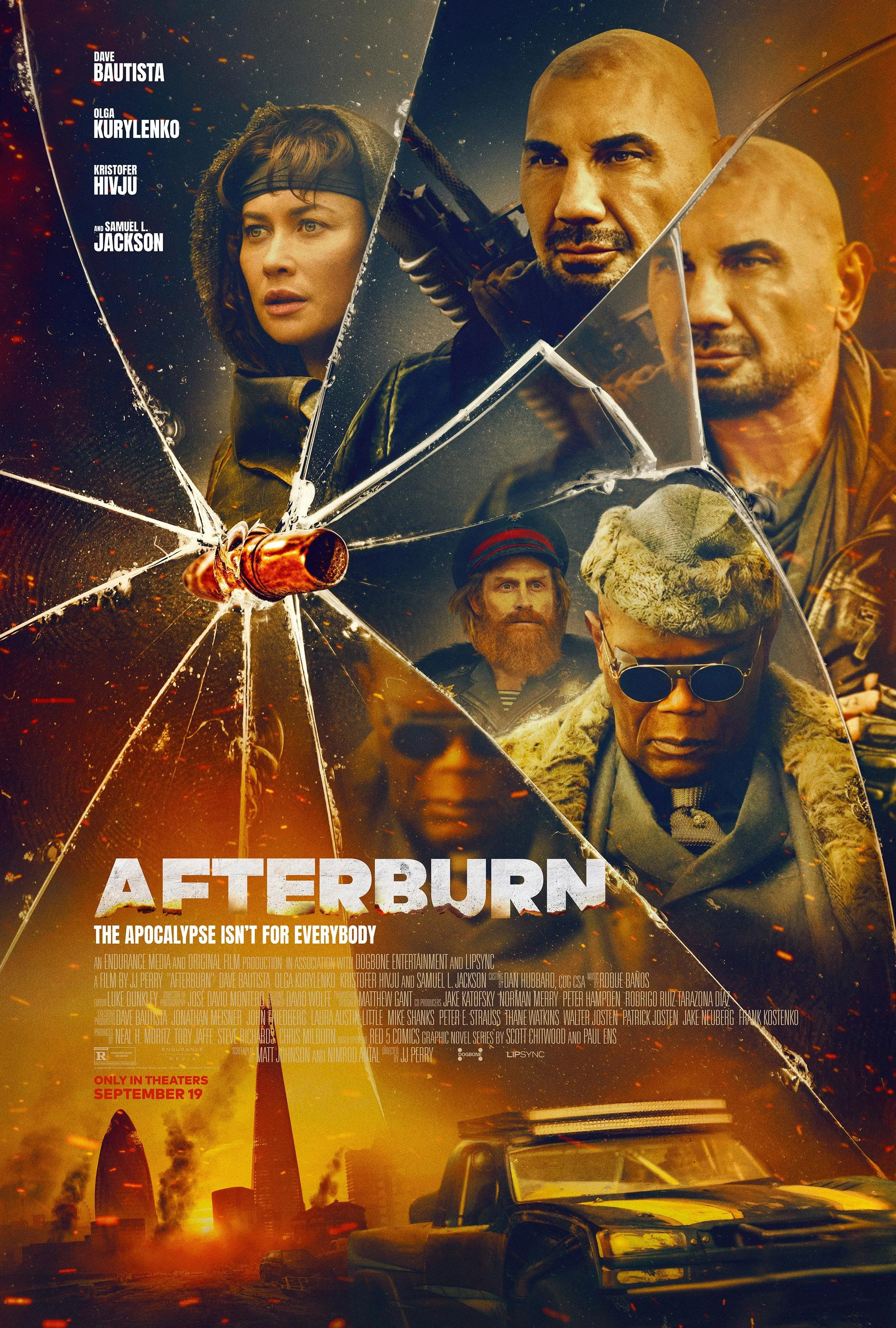 Movie poster for 'Afterburn' featuring broken glass with multiple characters' faces, a burning cityscape with skyscrapers, damaged cars, and an explosion in the background, and the tagline 'The apocalypse isn't for everybody.'