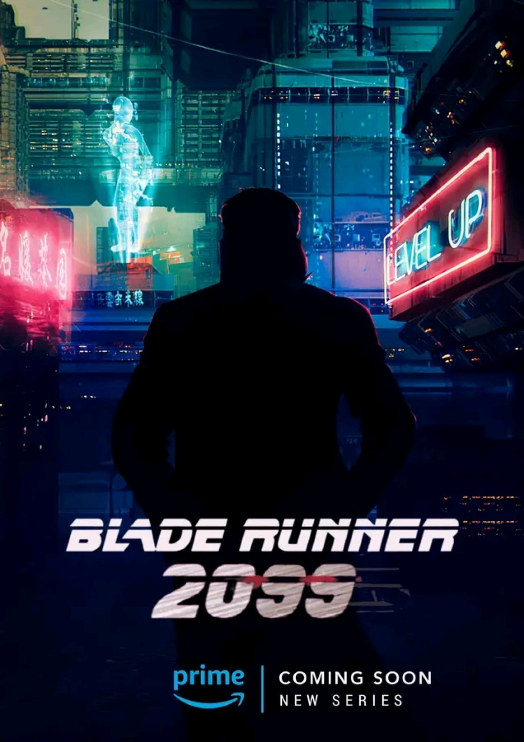 Promotional poster for the TV series "Blade Runner 2099" featuring a silhouette of a person against a cyberpunk cityscape with neon signs and futuristic buildings, and text indicating it is coming soon to Prime Video.