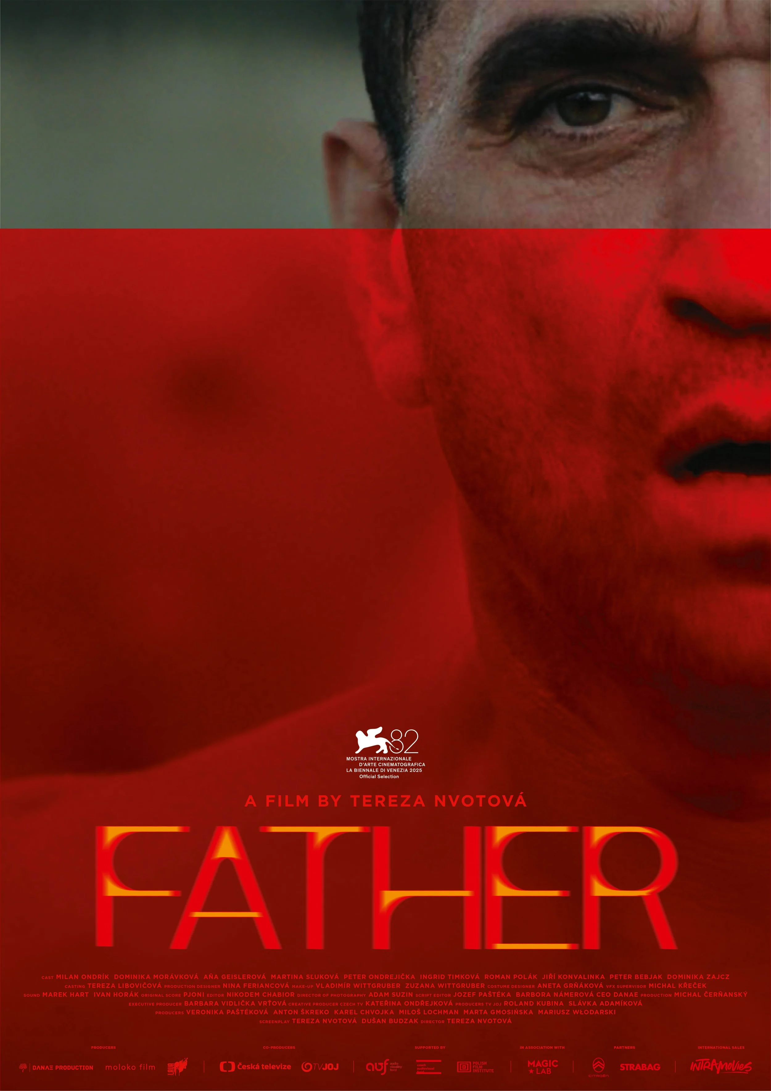 Close-up of a woman's face with medium skin tone, partially covered by a red overlay, with the title 'Fahér' prominently displayed in bold red letters, and various credits and festival logos at the bottom.