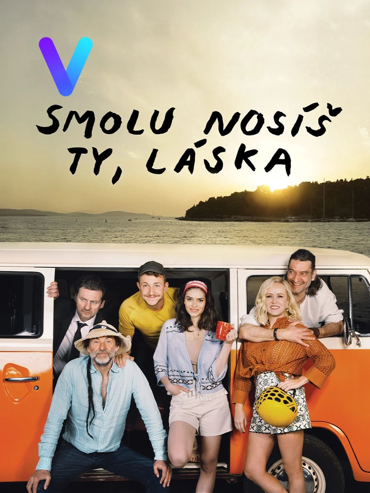 A group of six diverse people, some in casual clothing, some with accessories like a helmet and a mug, gathered around an orange and white van with a scenic water and hilly background at sunset.