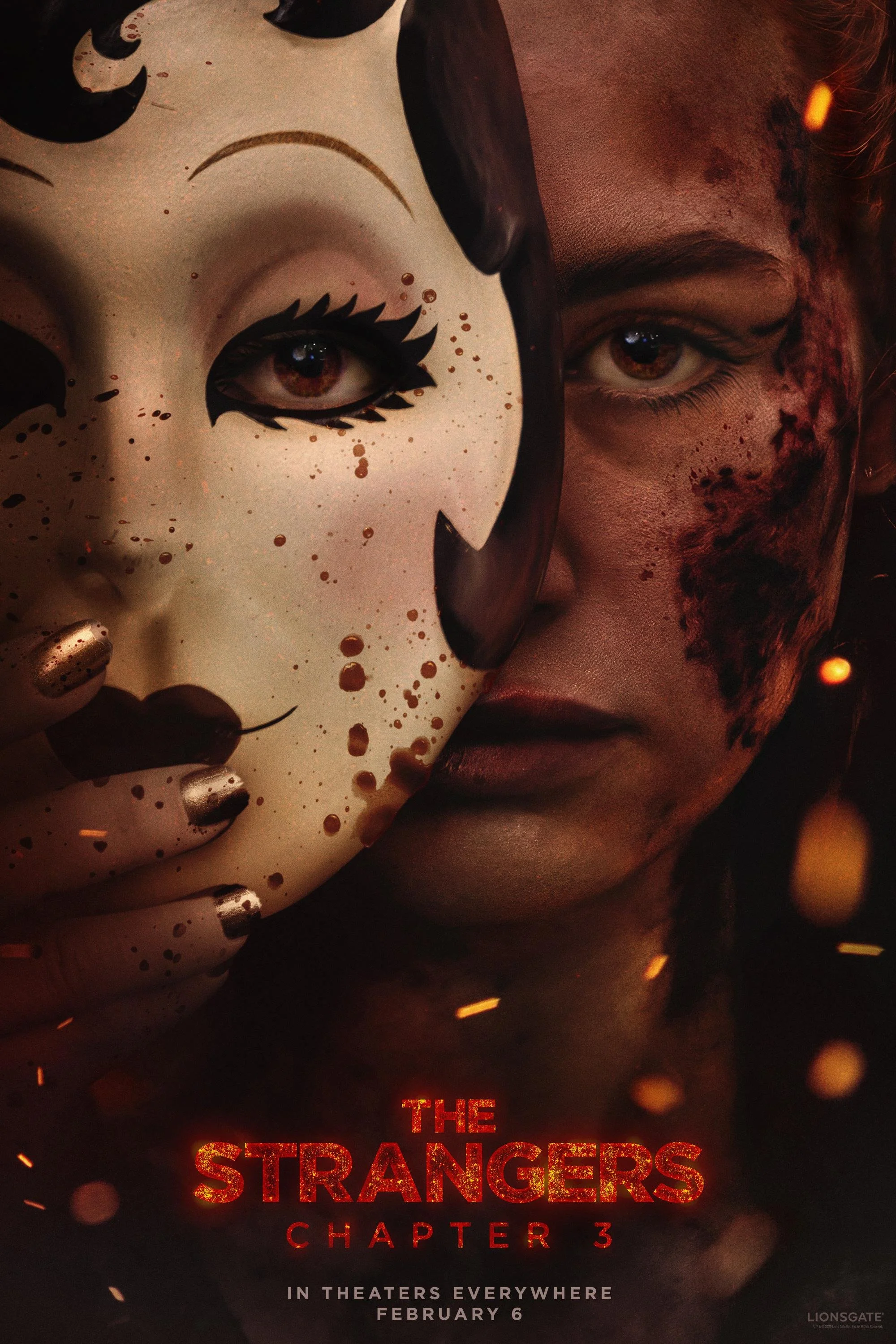 A promotional poster for 'The Strangers Chapter 3' featuring a woman holding a mask with eyes, with intense makeup and dark lighting.