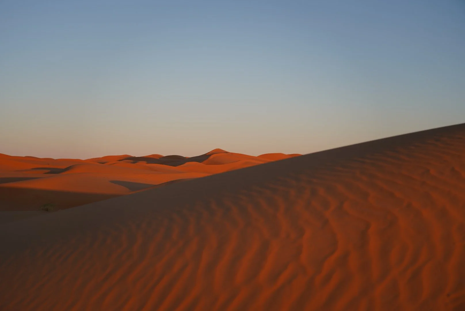 Dunas en el desierto con cielo despejado y luz del atardecer.
