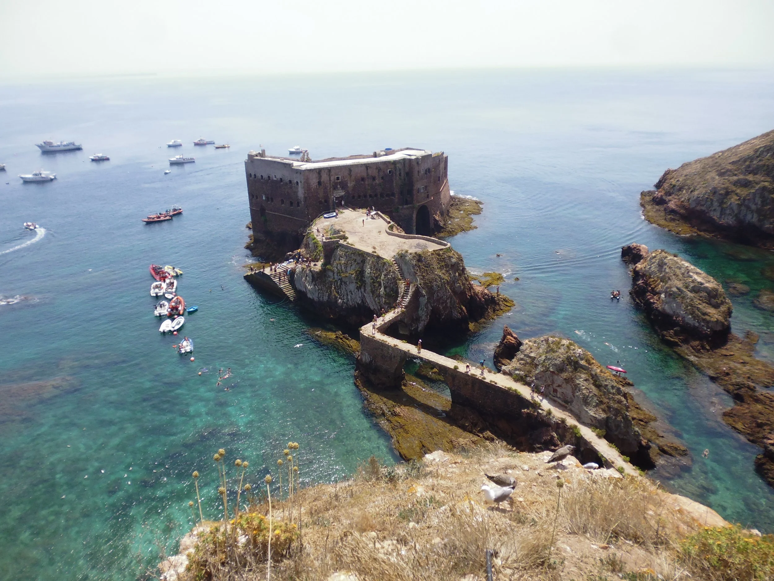 Vista aérea de un castillo en una isla rodeada por agua azul clara con varios botes y embarcaciones en el mar.